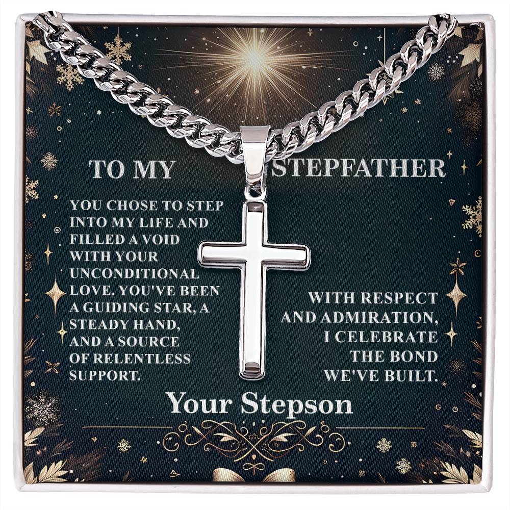 3009b Artisan Cross on Cuban Link chain, Gift To My Stepfather With Message Card