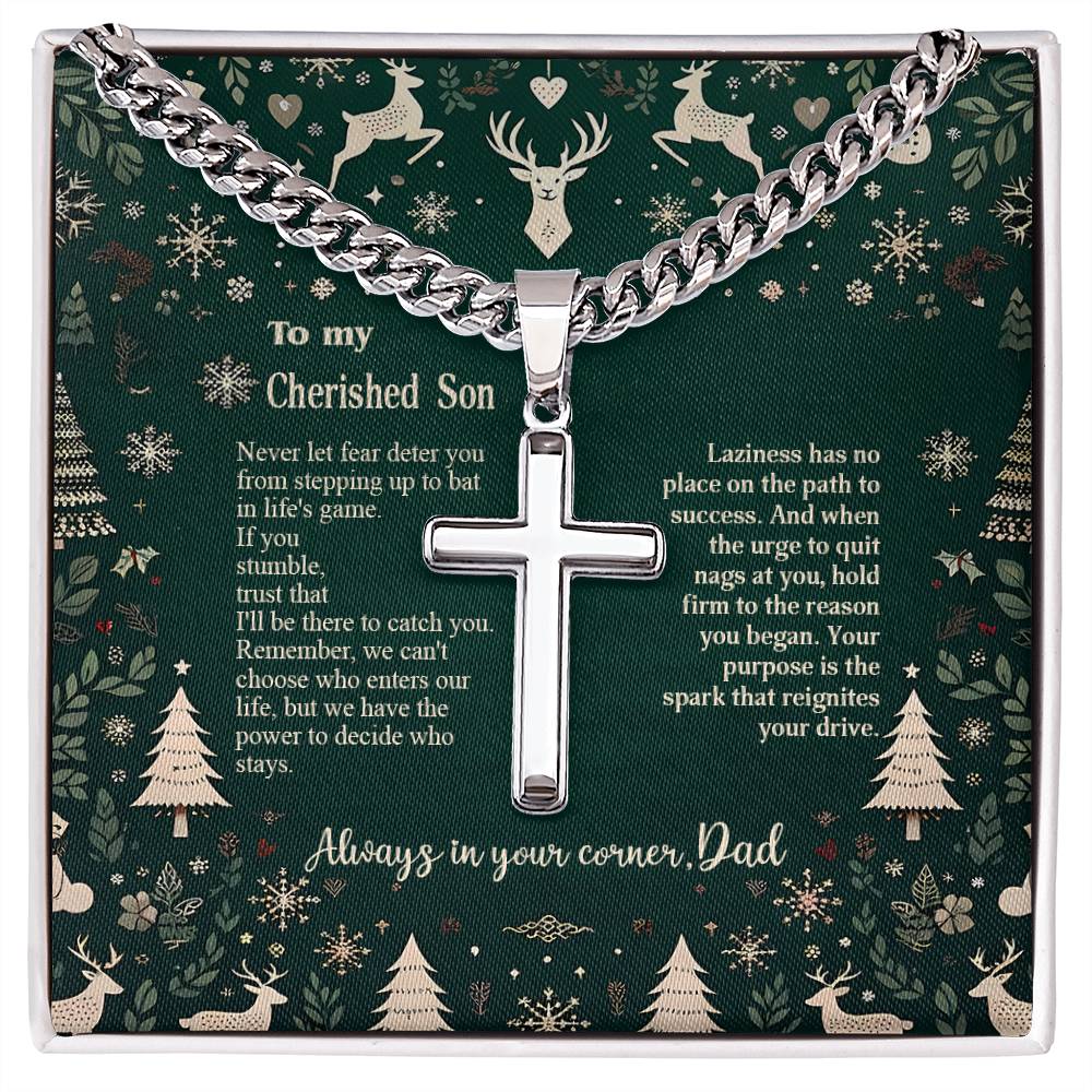 1002a Artisan Cross on Cuban Link chain, Gift for my Son with Message card
