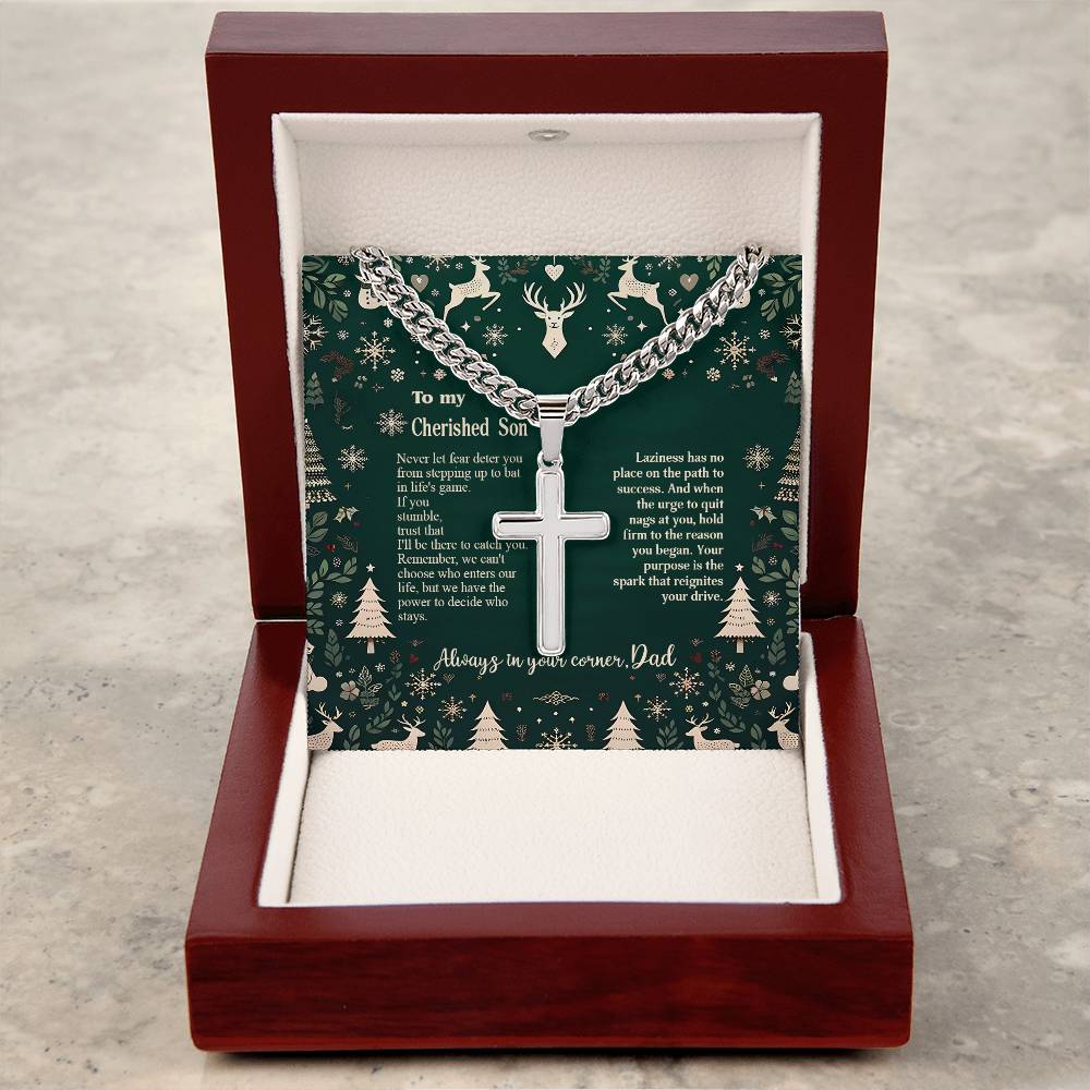 1002a Artisan Cross on Cuban Link chain, Gift for my Son with Message card