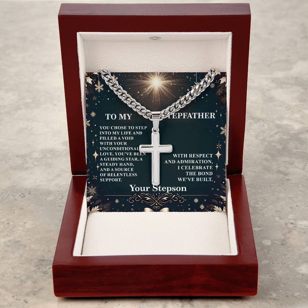 3009b Artisan Cross on Cuban Link chain, Gift To My Stepfather With Message Card