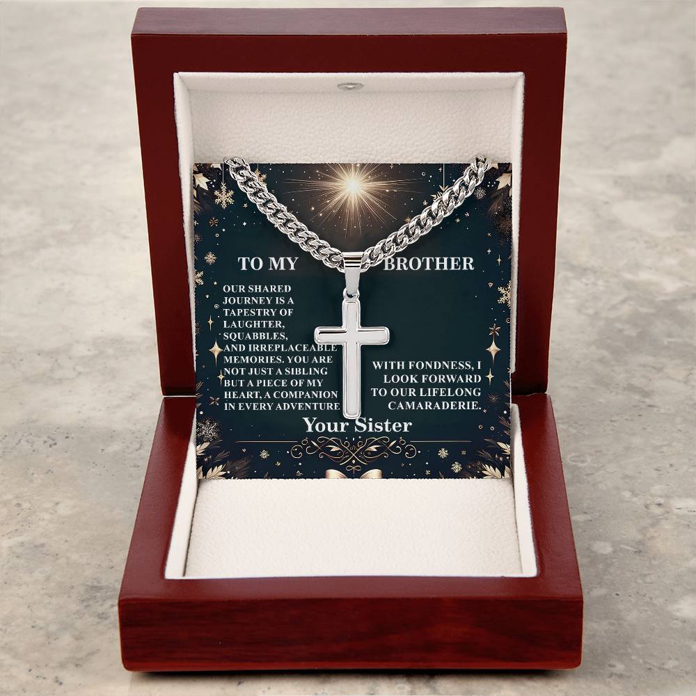 3009c Artisan Cross on Cuban Link chain, Gift To My Brother With Message Card