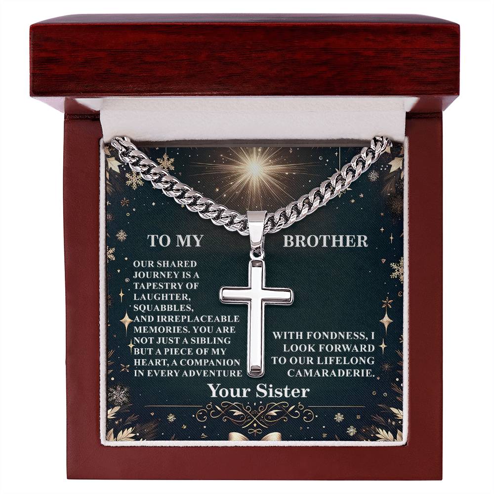 3009c Artisan Cross on Cuban Link chain, Gift To My Brother With Message Card