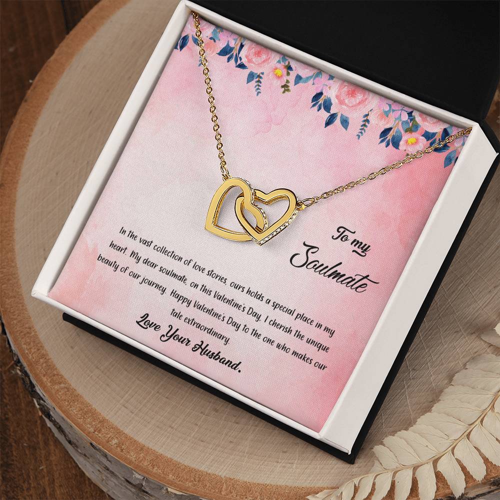 valentine-38b Interlocking Hearts neck, Gift to My Soulmate with Message Card