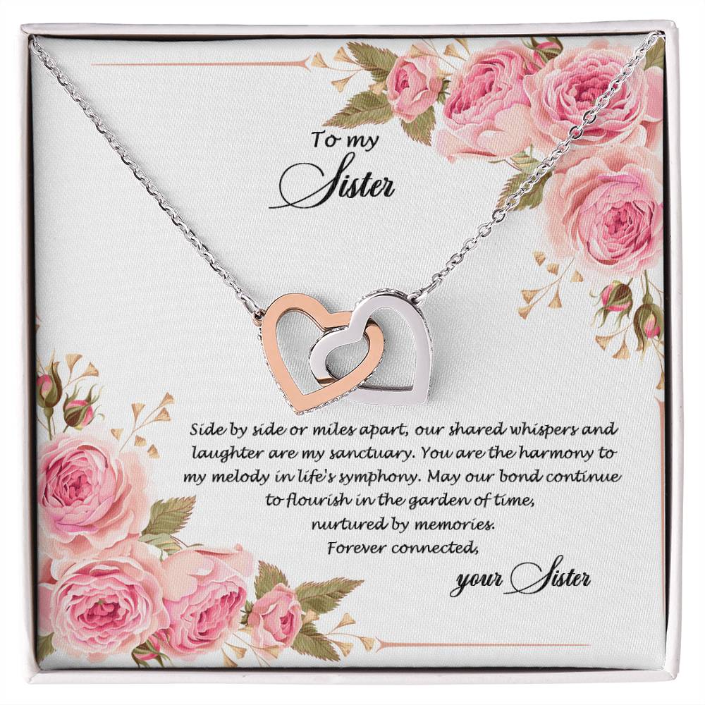 4034c Interlocking Hearts Necklace, Gift to my Sister with Beautiful Message Card