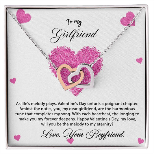 valentine-8c Interlocking Hearts Necklace, Gift to my Girlfriend with Beautiful Message Card