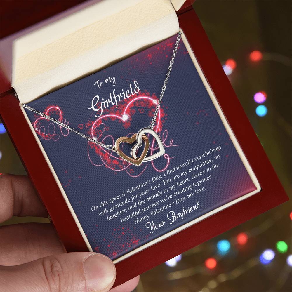 valentine-7c Interlocking Hearts Necklace, Gift to my Girlfriend with Beautiful Message Card