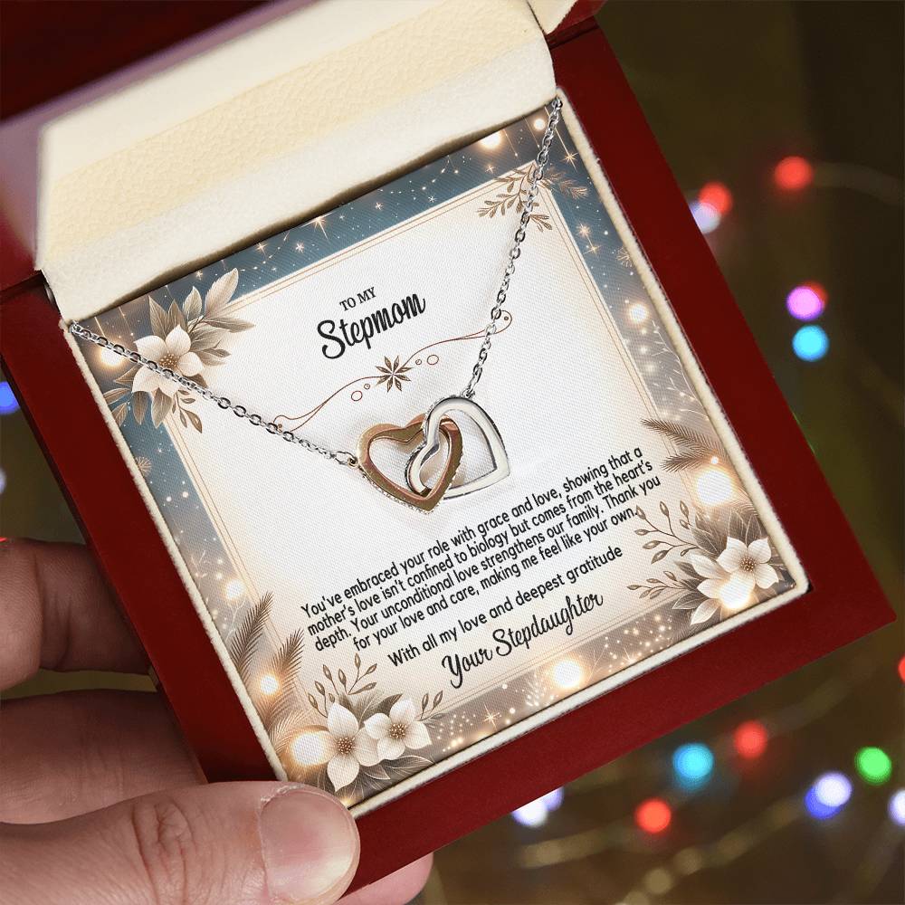 4055(c) Interlocking Hearts Necklace, Gift to my Stepmom with Beautiful Message Card