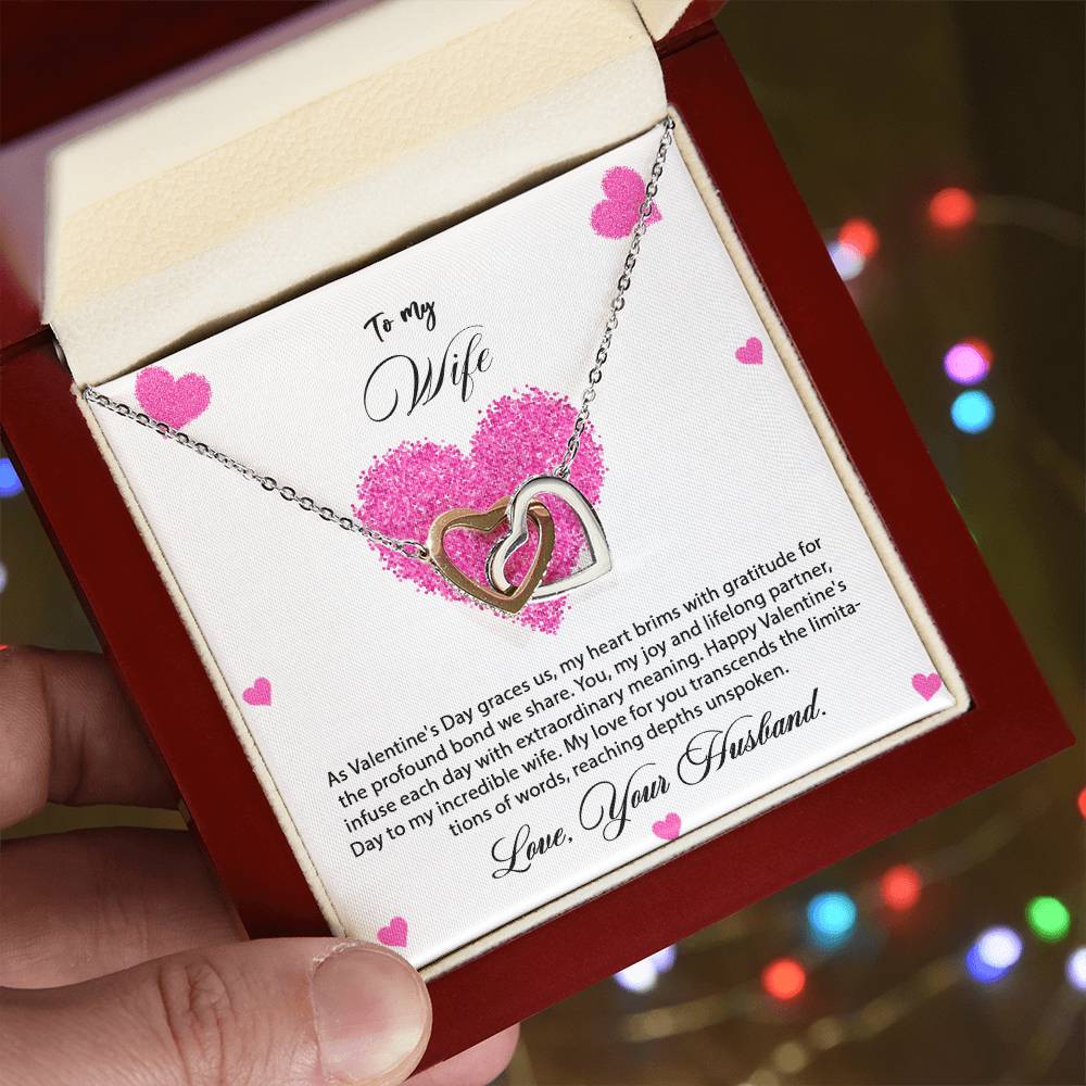 valentine-8a Interlocking Hearts Necklace, Gift to my Wife with Beautiful Message Card