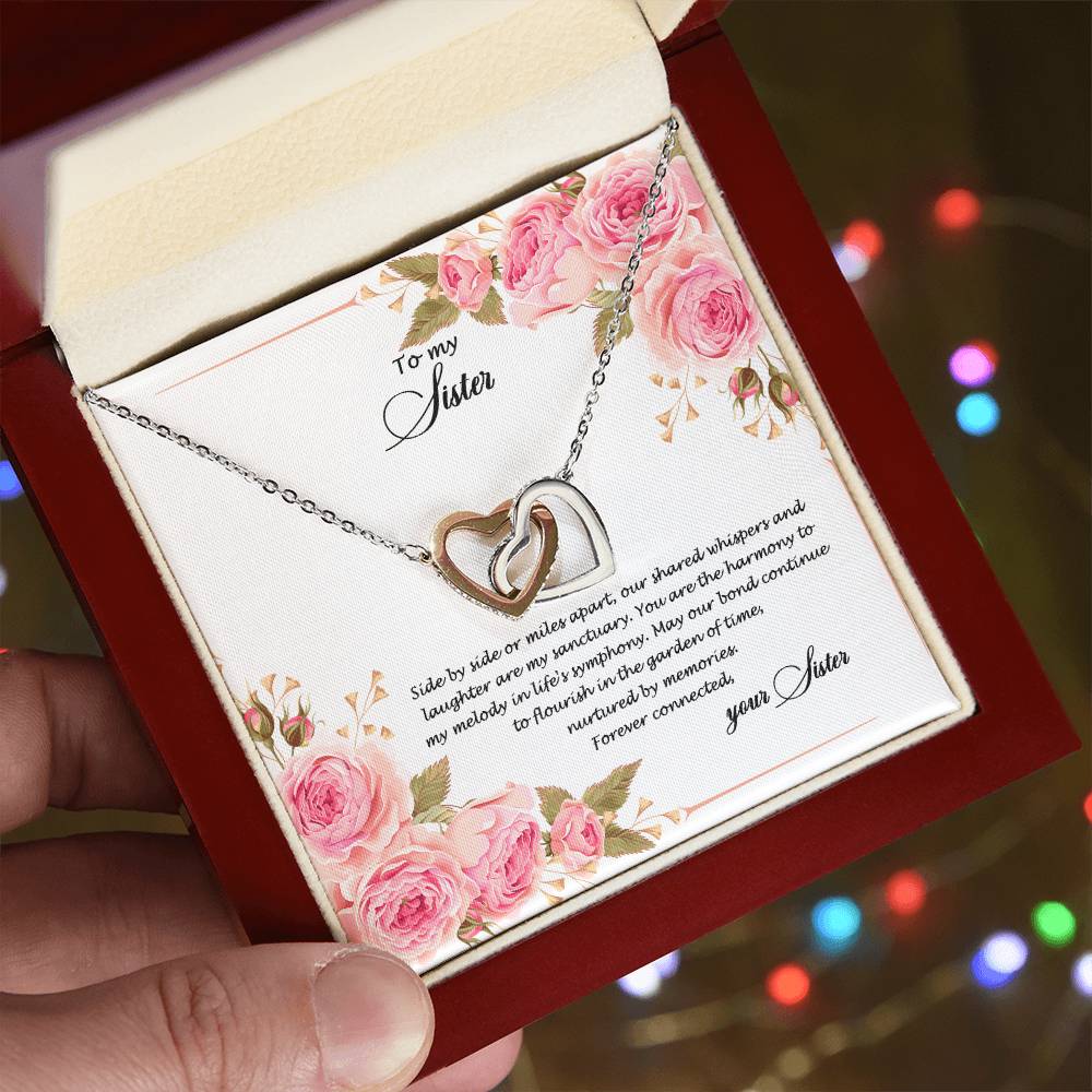 4034c Interlocking Hearts Necklace, Gift to my Sister with Beautiful Message Card